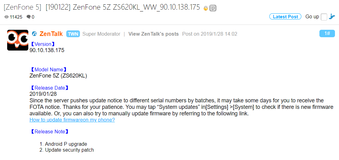 ASUS Zenfone 5Z Android Pie Update